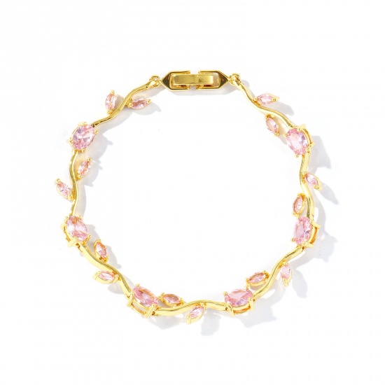 Picture of Wholesale Tulip Flower Pink Cubic Zirconia Brass Bracelets, 18K Real Gold Plated Eco-friendly, Women's Stylish Dainty Gift Jewelry Supply, 20cm(7.9") long, 1 Piece