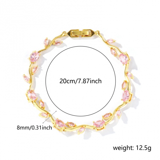 Picture of Wholesale Tulip Flower Pink Cubic Zirconia Brass Bracelets, 18K Real Gold Plated Eco-friendly, Women's Stylish Dainty Gift Jewelry Supply, 20cm(7.9") long, 1 Piece
