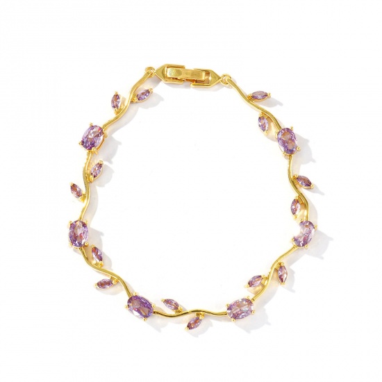 Picture of Wholesale Tulip Flower Purple Cubic Zirconia Brass Bracelets, 18K Real Gold Plated Eco-friendly, Women's Stylish Dainty Gift Jewelry Supply, 20cm(7.9") long, 1 Piece