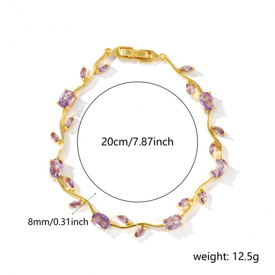 Picture of Wholesale Tulip Flower Purple Cubic Zirconia Brass Bracelets, 18K Real Gold Plated Eco-friendly, Women's Stylish Dainty Gift Jewelry Supply, 20cm(7.9") long, 1 Piece