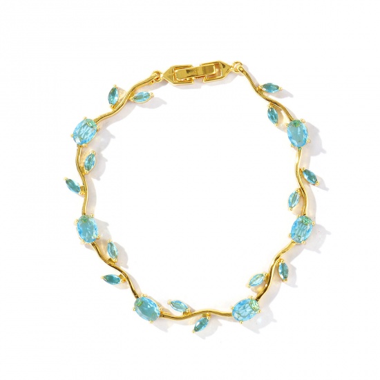 Picture of Wholesale Tulip Flower Blue Cubic Zirconia Brass Bracelets, 18K Real Gold Plated Eco-friendly, Women's Stylish Dainty Gift Jewelry Supply, 20cm(7.9") long, 1 Piece