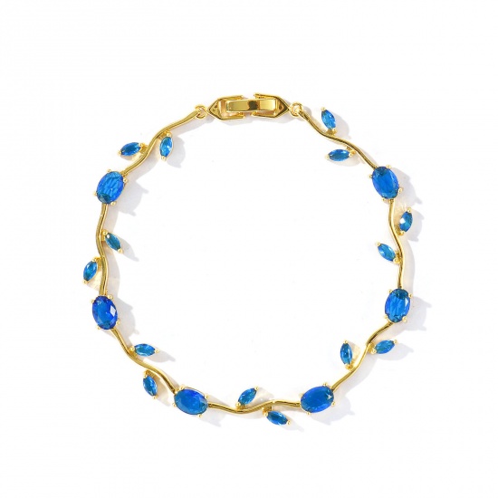 Picture of Wholesale Tulip Flower Royal Blue Cubic Zirconia Brass Bracelets, 18K Real Gold Plated Eco-friendly, Women's Stylish Dainty Gift Jewelry Supply, 20cm(7.9") long, 1 Piece