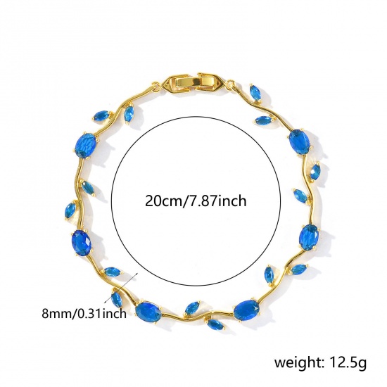 Picture of Wholesale Tulip Flower Royal Blue Cubic Zirconia Brass Bracelets, 18K Real Gold Plated Eco-friendly, Women's Stylish Dainty Gift Jewelry Supply, 20cm(7.9") long, 1 Piece