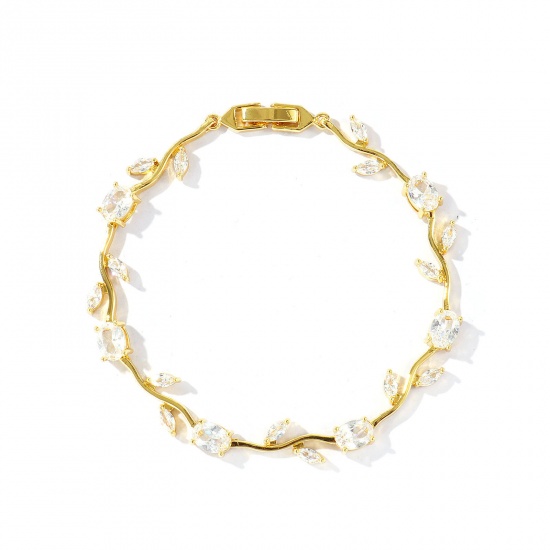Picture of Wholesale Tulip Flower Clear Cubic Zirconia Brass Bracelets, 18K Real Gold Plated Eco-friendly, Women's Stylish Dainty Gift Jewelry Supply, 20cm(7.9") long, 1 Piece