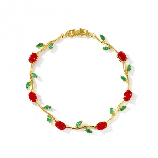 Picture of Wholesale Tulip Flower Red & Green Cubic Zirconia Brass Bracelets, 18K Real Gold Plated Eco-friendly, Women's Stylish Dainty Gift Jewelry Supply, 20cm(7.9") long, 1 Piece