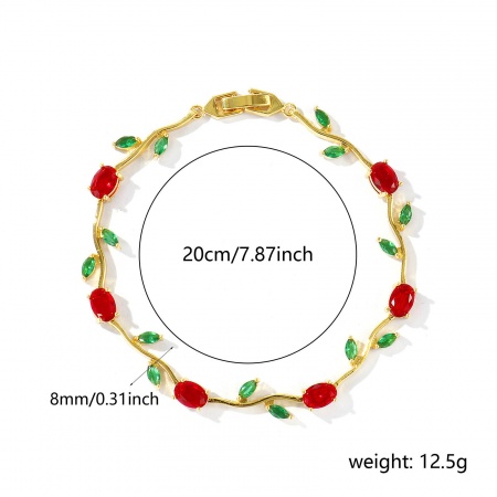 Picture of Wholesale Tulip Flower Red & Green Cubic Zirconia Brass Bracelets, 18K Real Gold Plated Eco-friendly, Women's Stylish Dainty Gift Jewelry Supply, 20cm(7.9") long, 1 Piece