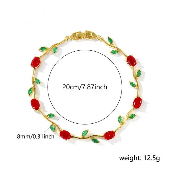 Picture of Wholesale Tulip Flower Red & Green Cubic Zirconia Brass Bracelets, 18K Real Gold Plated Eco-friendly, Women's Stylish Dainty Gift Jewelry Supply, 20cm(7.9") long, 1 Piece