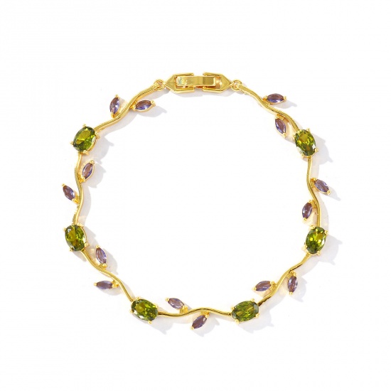 Picture of Wholesale Tulip Flower Olive Green Cubic Zirconia Brass Bracelets, 18K Real Gold Plated Eco-friendly, Women's Stylish Dainty Gift Jewelry Supply, 20cm(7.9") long, 1 Piece