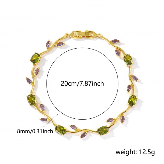 Picture of Wholesale Tulip Flower Olive Green Cubic Zirconia Brass Bracelets, 18K Real Gold Plated Eco-friendly, Women's Stylish Dainty Gift Jewelry Supply, 20cm(7.9") long, 1 Piece