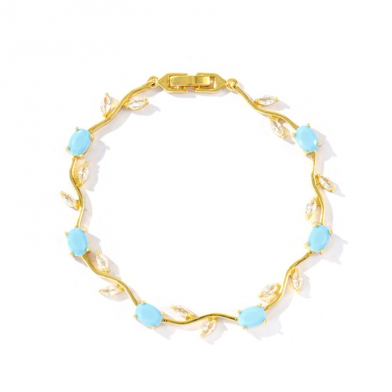 Picture of Wholesale Tulip Flower Blue Cubic Zirconia Brass Bracelets, 18K Real Gold Plated Eco-friendly, Women's Stylish Dainty Gift Jewelry Supply, 20cm(7.9") long, 1 Piece