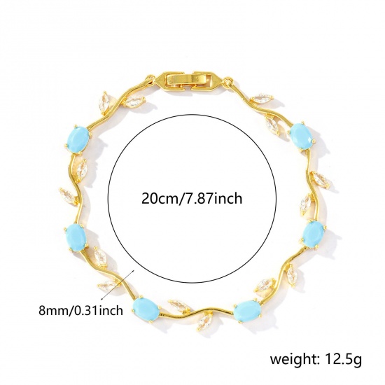 Picture of Wholesale Tulip Flower Blue Cubic Zirconia Brass Bracelets, 18K Real Gold Plated Eco-friendly, Women's Stylish Dainty Gift Jewelry Supply, 20cm(7.9") long, 1 Piece