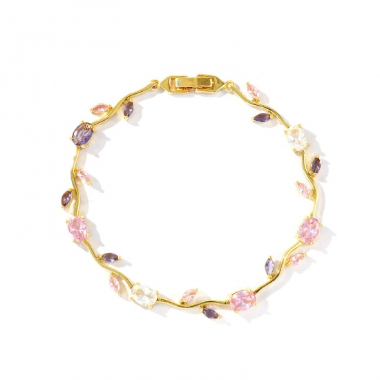 Picture of Wholesale Tulip Flower Multicolour Cubic Zirconia Brass Bracelets, 18K Real Gold Plated Eco-friendly, Women's Stylish Dainty Gift Jewelry Supply, 20cm(7.9") long, 1 Piece