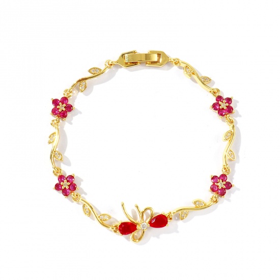 Bild von Großhandel Schleife Blumen Fuchsie Kubisches Zirkonia Messing Armband, 18K Echtgold plattiert Umweltfreundlich, Frauen Stilvoll Elegant Geschenk Schmuckbedarf, 17cm lang, 1 Strang
