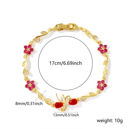 卸売り リボン 花 フクシアジルコン 真鍮 ブレスレット、 18Kリアルゴールドメッキ エコフレンドリー、 レディース おしゃれ 雅びやか エレガント プレゼント宝飾の供給 17cm長さ、 1 本 の画像