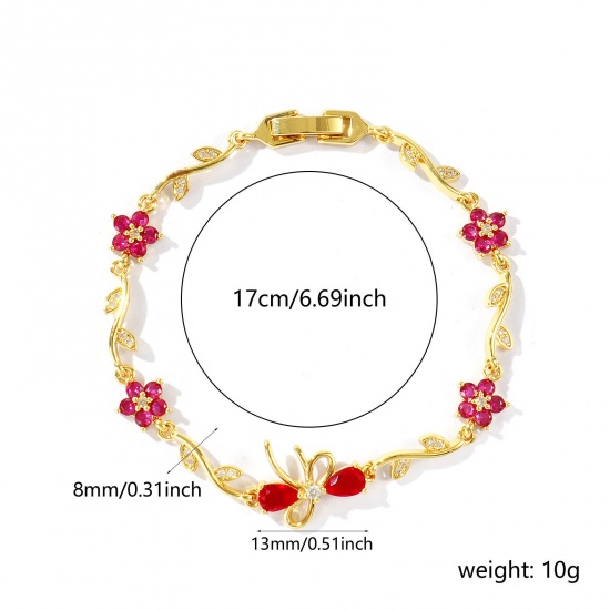 Bild von Großhandel Schleife Blumen Fuchsie Kubisches Zirkonia Messing Armband, 18K Echtgold plattiert Umweltfreundlich, Frauen Stilvoll Elegant Geschenk Schmuckbedarf, 17cm lang, 1 Strang