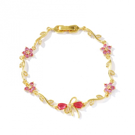 Bild von Großhandel Schleife Blumen Rosa Kubisches Zirkonia Messing Armband, 18K Echtgold plattiert Umweltfreundlich, Frauen Stilvoll Elegant Geschenk Schmuckbedarf, 17cm lang, 1 Strang