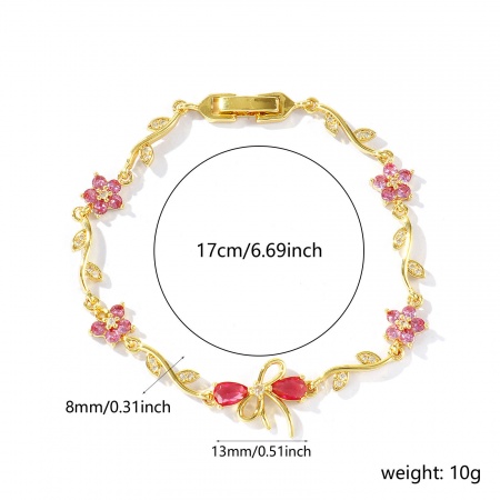 卸売り リボン 花 ピンクジルコン 真鍮 ブレスレット、 18Kリアルゴールドメッキ エコフレンドリー、 レディース おしゃれ 雅びやか エレガント プレゼント宝飾の供給 17cm長さ、 1 本 の画像