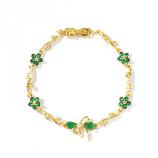 Bild von Großhandel Schleife Blumen Grün Kubisches Zirkonia Messing Armband, 18K Echtgold plattiert Umweltfreundlich, Frauen Stilvoll Elegant Geschenk Schmuckbedarf, 17cm lang, 1 Strang
