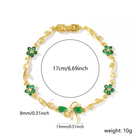 卸売り リボン 花 グリーンジルコン 真鍮 ブレスレット、 18Kリアルゴールドメッキ エコフレンドリー、 レディース おしゃれ 雅びやか エレガント プレゼント宝飾の供給 17cm長さ、 1 本 の画像