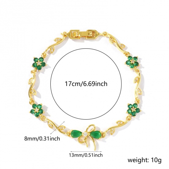 Bild von Großhandel Schleife Blumen Grün Kubisches Zirkonia Messing Armband, 18K Echtgold plattiert Umweltfreundlich, Frauen Stilvoll Elegant Geschenk Schmuckbedarf, 17cm lang, 1 Strang
