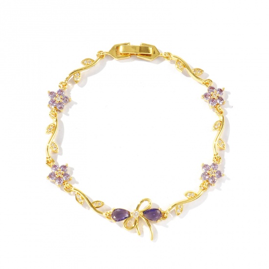 Bild von Großhandel Schleife Blumen Lila Kubisches Zirkonia Messing Armband, 18K Echtgold plattiert Umweltfreundlich, Frauen Stilvoll Elegant Geschenk Schmuckbedarf, 17cm lang, 1 Strang