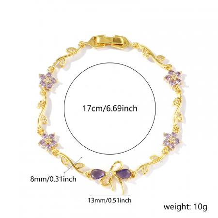 卸売り リボン 花 紫ジルコン 真鍮 ブレスレット、 18Kリアルゴールドメッキ エコフレンドリー、 レディース おしゃれ 雅びやか エレガント プレゼント宝飾の供給 17cm長さ、 1 本 の画像