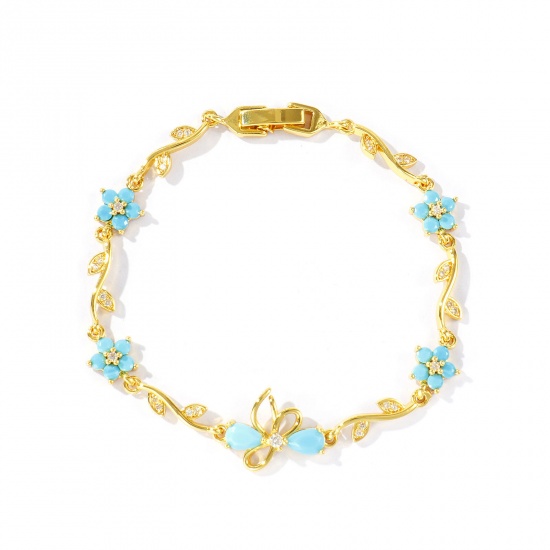 Bild von Großhandel Schleife Blumen Blau Kubisches Zirkonia Messing Armband, 18K Echtgold plattiert Umweltfreundlich, Frauen Stilvoll Elegant Geschenk Schmuckbedarf, 17cm lang, 1 Strang