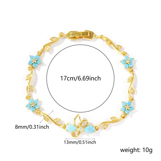 Bild von Großhandel Schleife Blumen Blau Kubisches Zirkonia Messing Armband, 18K Echtgold plattiert Umweltfreundlich, Frauen Stilvoll Elegant Geschenk Schmuckbedarf, 17cm lang, 1 Strang
