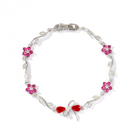 Bild von Großhandel Schleife Blumen Fuchsie Kubisches Zirkonia Messing Armband, Echt Platin plattiert Umweltfreundlich, Frauen Stilvoll Elegant Geschenk Schmuckbedarf, 17cm lang, 1 Strang