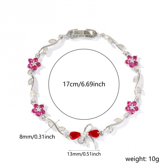 Bild von Großhandel Schleife Blumen Fuchsie Kubisches Zirkonia Messing Armband, Echt Platin plattiert Umweltfreundlich, Frauen Stilvoll Elegant Geschenk Schmuckbedarf, 17cm lang, 1 Strang