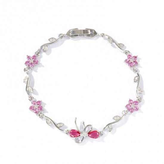 Bild von Großhandel Schleife Blumen Rosa Kubisches Zirkonia Messing Armband, Echt Platin plattiert Umweltfreundlich, Frauen Stilvoll Elegant Geschenk Schmuckbedarf, 17cm lang, 1 Strang