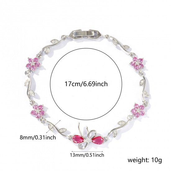 Bild von Großhandel Schleife Blumen Rosa Kubisches Zirkonia Messing Armband, Echt Platin plattiert Umweltfreundlich, Frauen Stilvoll Elegant Geschenk Schmuckbedarf, 17cm lang, 1 Strang