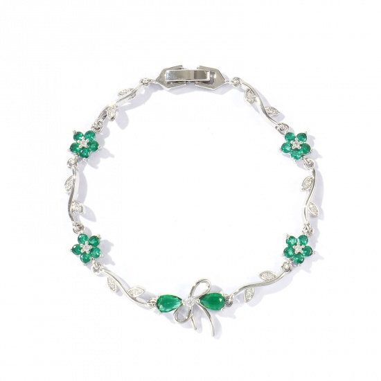 Bild von Großhandel Schleife Blumen Grün Kubisches Zirkonia Messing Armband, Echt Platin plattiert Umweltfreundlich, Frauen Stilvoll Elegant Geschenk Schmuckbedarf, 17cm lang, 1 Strang