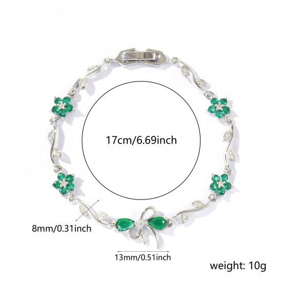 Bild von Großhandel Schleife Blumen Grün Kubisches Zirkonia Messing Armband, Echt Platin plattiert Umweltfreundlich, Frauen Stilvoll Elegant Geschenk Schmuckbedarf, 17cm lang, 1 Strang