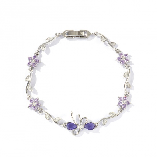 Bild von Großhandel Schleife Blumen Lila Kubisches Zirkonia Messing Armband, Echt Platin plattiert Umweltfreundlich, Frauen Stilvoll Elegant Geschenk Schmuckbedarf, 17cm lang, 1 Strang