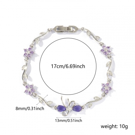 卸売り リボン 花 紫ジルコン 真鍮 ブレスレット、 リアルプラチナメッキ エコフレンドリー、 レディース おしゃれ 雅びやか エレガント プレゼント宝飾の供給 17cm長さ、 1 本 の画像