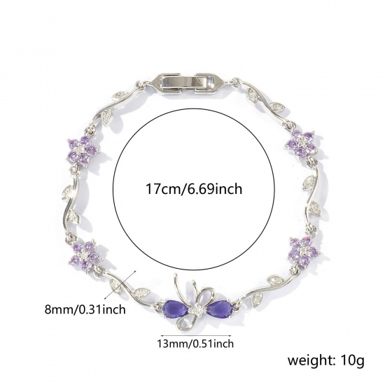 Bild von Großhandel Schleife Blumen Lila Kubisches Zirkonia Messing Armband, Echt Platin plattiert Umweltfreundlich, Frauen Stilvoll Elegant Geschenk Schmuckbedarf, 17cm lang, 1 Strang