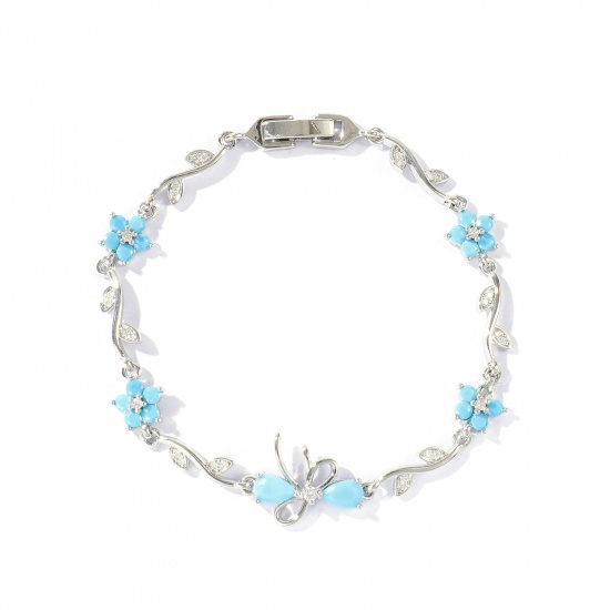 Bild von Großhandel Schleife Blumen Blau Kubisches Zirkonia Messing Armband, Echt Platin plattiert Umweltfreundlich, Frauen Stilvoll Elegant Geschenk Schmuckbedarf, 17cm lang, 1 Strang