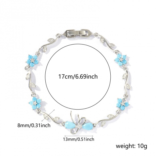 Bild von Großhandel Schleife Blumen Blau Kubisches Zirkonia Messing Armband, Echt Platin plattiert Umweltfreundlich, Frauen Stilvoll Elegant Geschenk Schmuckbedarf, 17cm lang, 1 Strang