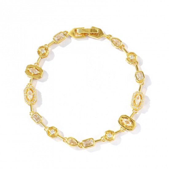Picture of Wholesale Geometric Clear Cubic Zirconia Brass Bracelets, 18K Real Gold Plated Eco-friendly, Women's Stylish Dainty Gift Jewelry Supply, 17cm(6.7") long, 1 Piece
