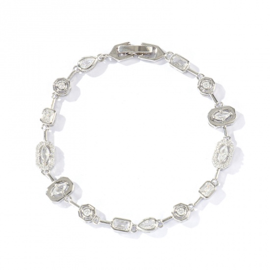 Picture of Wholesale Geometric Clear Cubic Zirconia Brass Bracelets, Real Platinum Plated Eco-friendly, Women's Stylish Dainty Gift Jewelry Supply, 17cm(6.7") long, 1 Piece