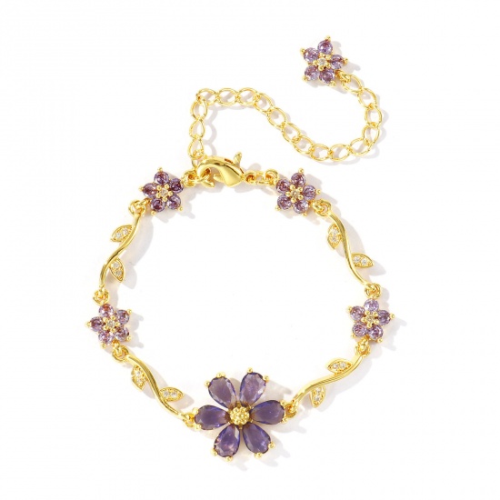 Picture of Wholesale Flower Purple Cubic Zirconia Brass Bracelets, 18K Real Gold Plated Eco-friendly, Women's Stylish Dainty Gift Jewelry Supply, 13cm(5.1") + 6cm(2.4") long, 1 Piece