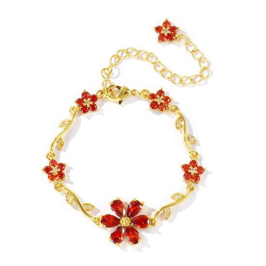 Picture of Wholesale Flower Brown Cubic Zirconia Brass Bracelets, 18K Real Gold Plated Eco-friendly, Women's Stylish Dainty Gift Jewelry Supply, 13cm(5.1") + 6cm(2.4") long, 1 Piece