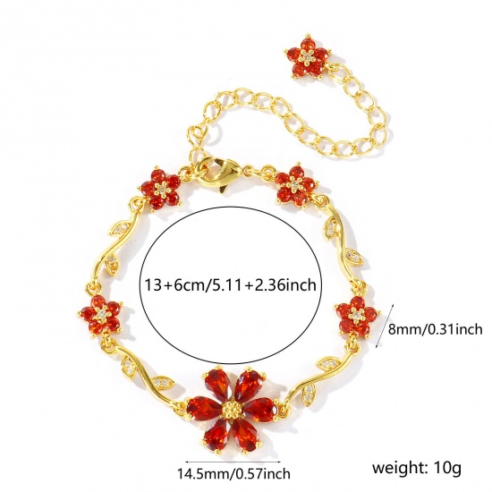 Picture of Wholesale Flower Brown Cubic Zirconia Brass Bracelets, 18K Real Gold Plated Eco-friendly, Women's Stylish Dainty Gift Jewelry Supply, 13cm(5.1") + 6cm(2.4") long, 1 Piece