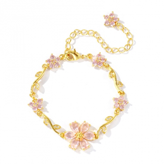 Picture of Wholesale Flower Pink Cubic Zirconia Brass Bracelets, 18K Real Gold Plated Eco-friendly, Women's Stylish Dainty Gift Jewelry Supply, 13cm(5.1") + 6cm(2.4") long, 1 Piece
