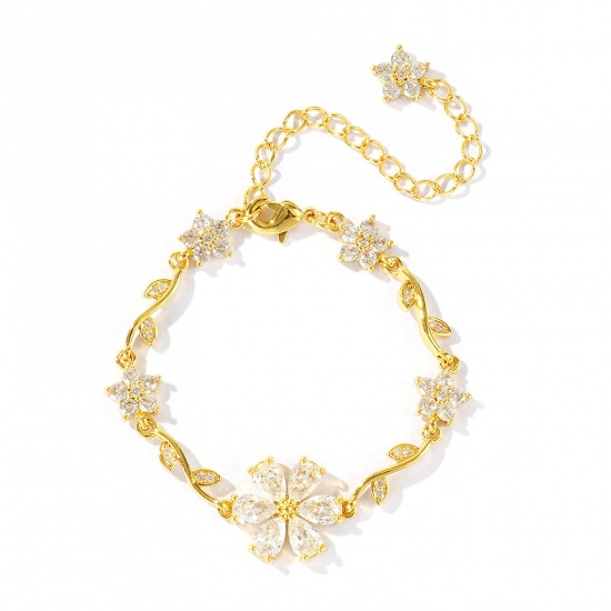 Picture of Wholesale Flower Clear Cubic Zirconia Brass Bracelets, 18K Real Gold Plated Eco-friendly, Women's Stylish Dainty Gift Jewelry Supply, 13cm(5.1") + 6cm(2.4") long, 1 Piece