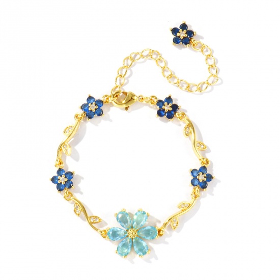 Picture of Wholesale Flower Blue Cubic Zirconia Brass Bracelets, 18K Real Gold Plated Eco-friendly, Women's Stylish Dainty Gift Jewelry Supply, 13cm(5.1") + 6cm(2.4") long, 1 Piece