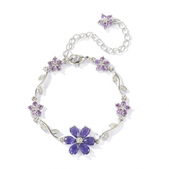 Picture of Wholesale Flower Purple Cubic Zirconia Brass Bracelets, Real Platinum Plated Eco-friendly, Women's Stylish Dainty Gift Jewelry Supply, 13cm(5.1") + 6cm(2.4") long, 1 Piece