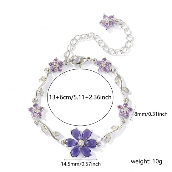 Picture of Wholesale Flower Purple Cubic Zirconia Brass Bracelets, Real Platinum Plated Eco-friendly, Women's Stylish Dainty Gift Jewelry Supply, 13cm(5.1") + 6cm(2.4") long, 1 Piece