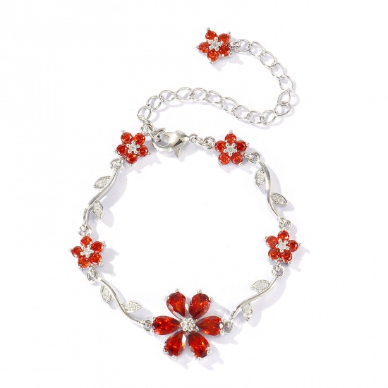 Picture of Wholesale Flower Brown Cubic Zirconia Brass Bracelets, Real Platinum Plated Eco-friendly, Women's Stylish Dainty Gift Jewelry Supply, 13cm(5.1") + 6cm(2.4") long, 1 Piece